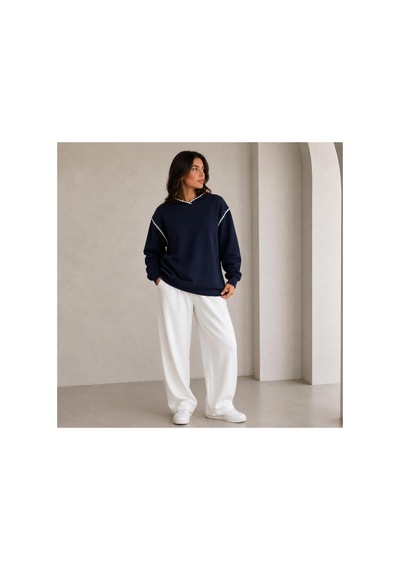 Herkesemoda Yaka Ve Kol Nakış Detaylı Kapüşonlu 2 İplik Şardonlu Sweatshirt Lacivert-krem Herkesemoda Yaka Ve Kol Nakış Detaylı Kapüşonlu 2 İplik Şardonlu Sweatshirt Lacivert-krem
