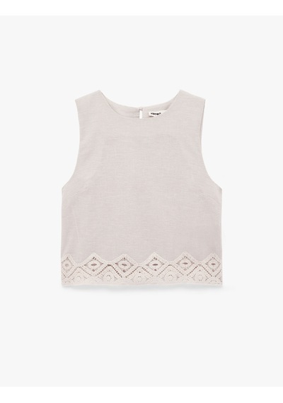 Koton Keten Karışımlı Yuvarlak Yaka Kroşe Dantel Detaylı Kolsuz Crop Bluz Bej Desenli 6sak60287uw Ekru Koton Keten Karışımlı Yuvarlak Yaka Kroşe Dantel Detaylı Kolsuz Crop Bluz Bej Desenli 6sak60287uw Ekru