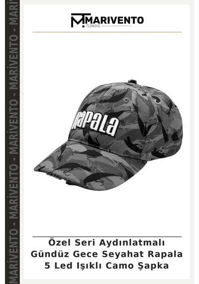 Marivento Özel Seri Aydınlatmalı Gündüz Gece Seyahat Rapala 5 Led Işıklı Camo Şapka Çok Renkli