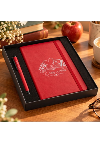 Bk Gift Kişiye Özel İsimli Öğretmenler Günü Tasarımlı Kutulu Kırmızı Defter Kalem Hediye Seti-3