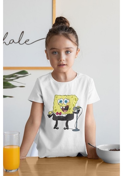 Sevbano Sunucu Süngerbob Baskılı Unisex Çizgi Film Çocuk Tişört 1-12 Yaş Beyaz