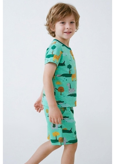 Breeze Erkek Çocuk Şortlu Pijama Takımı Safari Temalı Sevmli Hayvancıklar Desenli 1.5-5 Yaş, Yeşil