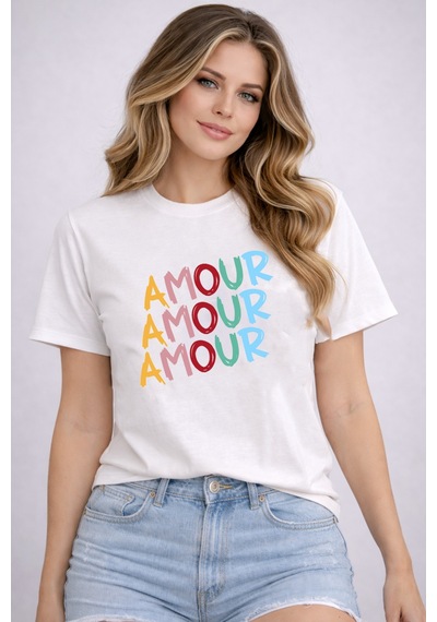 Herkesemoda Amour Baskı Detaylı Basic T-shirt Beyaz