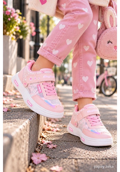 Mini Bonito Unisex Çocuk Sneaker Işıklı Tabanlı Günlük Spor Ayakkabı 26-30 Numara Arası Işıklı Pembe