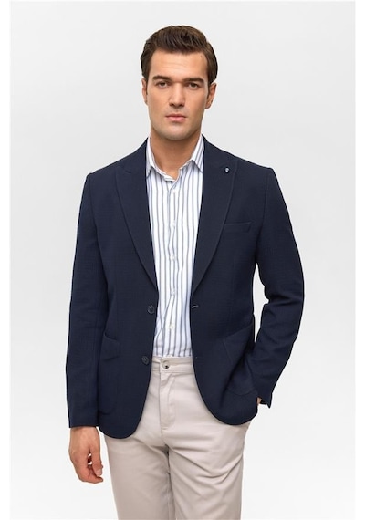 Süvari Lacivert Slim Desenli Mono Yaka 6 Drop Ceket Lacivert