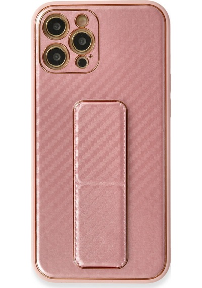 Newface Apple Uyumlu iPhone 12 Pro Kılıf Coco Karbon Standlı Kapak - Pembe Pembe