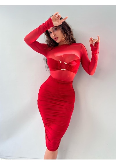 Pink Life Kırmızı Yılan Toka Tül Detaylı Büzgülü Kalem Elbise Kırmızı