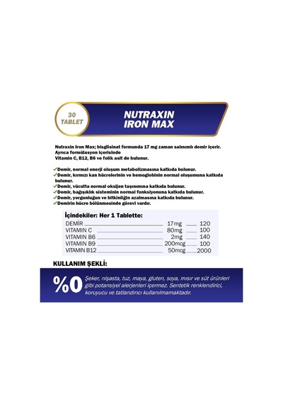 Ayrex Nutraxin Iron Max 30 Tablet Demir, C Vitamini, Folik Asit Ve B12 Vitamini İçeren Takviye