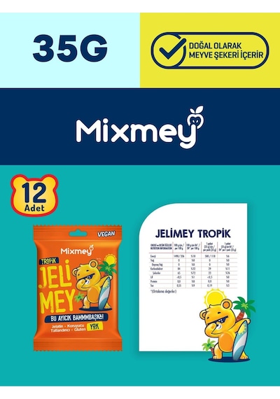 Mixmey Jelimey Tropik Jelatinsiz Vegan Tropik Lezzet Gummy Bear Ayıcık 12 x 35 G