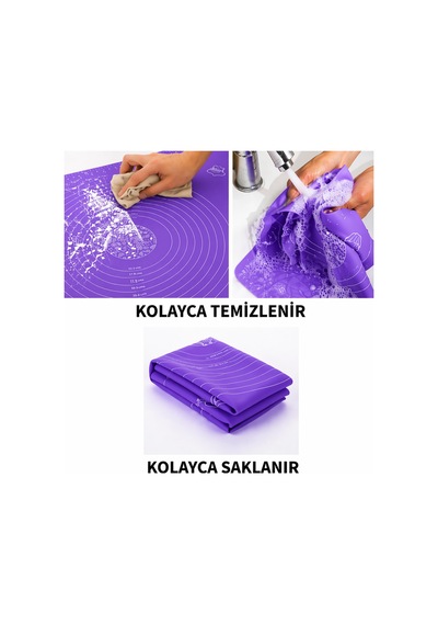 Silikon Hamur Açma Yoğurma Matı Skalalı Kaymaz Yapışmaz Kolay Temizlenebilir 40x50 Cm Mor
