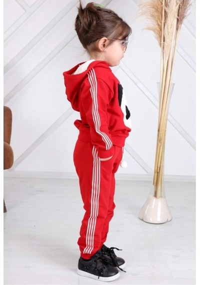 Quzucuk Kids Kız Çocuk Panda Figürlü Kırmızı Eşofman Takımı Çok Renkli