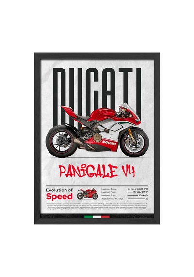 Ducati Panigale V4 Siyah Ahşap Çerçeveli Poster, Dekoratif Motosiklet Duvar Tablosu