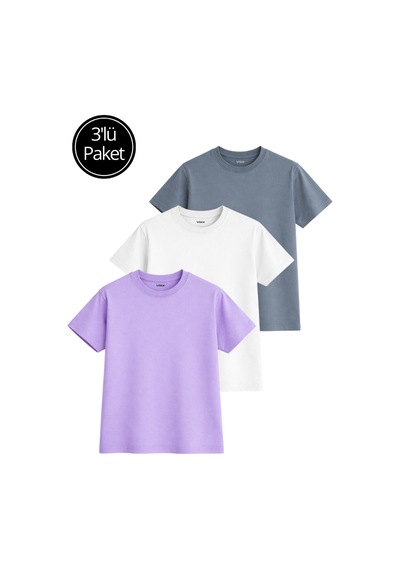 Kadın 3'lü Paket Antrasit-beyaz-lila %100 Pamuk Oversize Basic Tişört Bisiklet Yaka Relaxed T-shirt Hardal-saks Mavi-turkuaz