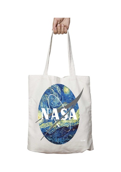 Art Hediye Van Gogh Ve Nasa Logo İki Tarafı Kalıcı Baskılı Yıkanabilir Çanta Çok Renkli
