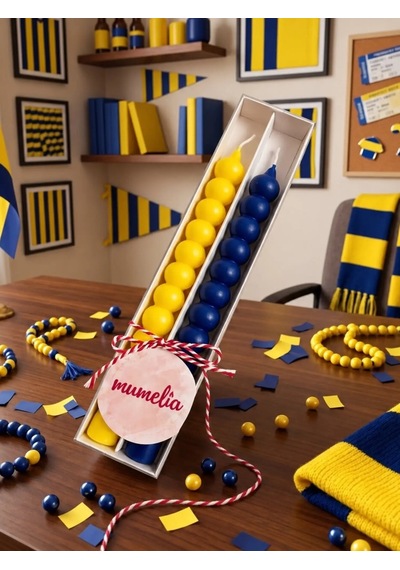 Mumelia Taraftar Bubble Şamdan - Doğal Soya Kutulu Dekoratif Taraftar Mum - 2'li - Sarı-lacivert