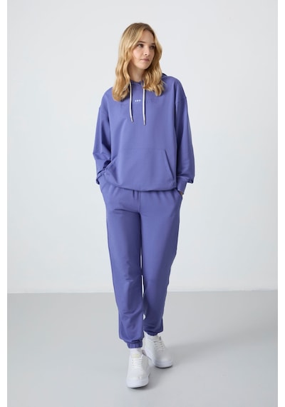 Tommy Life Eflatun Kapüşonlu Kanguru Cep Oversize Lastik Paça Kadın Eşofman Takımı - 95288 Mor
