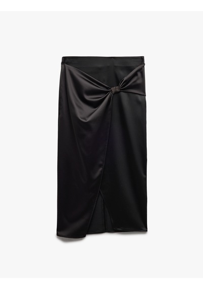 Koton Kruvaze Yırtmaç Detaylı Slim Fit Saten Midi Etek Siyah 6wak70001fw Siyah