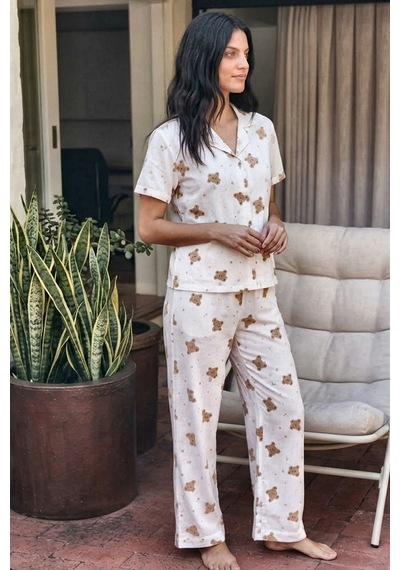 Viskon Karışım Homewear Kırık Beyaz Pijama Takımı