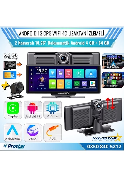 Kayıtlı 2 Kameralı Android 13 Wıfı Gps 4g Uzaktan İzlemeli 4 Gb + 64 Gb Carplay 512 Gb Destekli Tak Kullan Kamera Seti