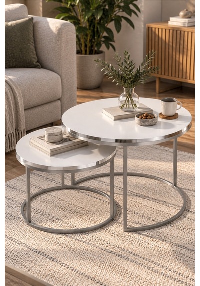 Sulorahome Gümüş Metal Ayaklı Beyaz 2'li Yuvarlak Orta Sehpa Seti