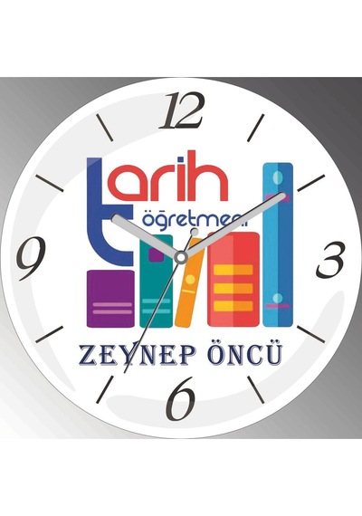 Kişiye Özel Tarih Öğretmeni Çap 30cm Sessiz Akar Bombeli Gerçek Cam Duvar Saati Siyah