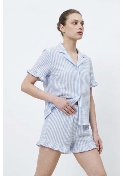 Kadın Premium Fırfırlı Mavi Pijama Takımı