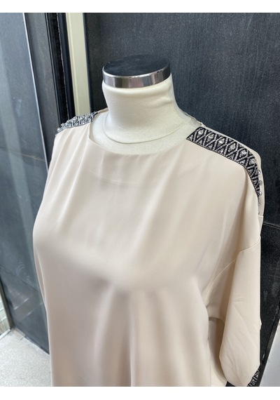 Pera Moda Büyük Beden Yakası Ve Kol Manşeti Taşlı Oversize Uzun Gömlek Taş