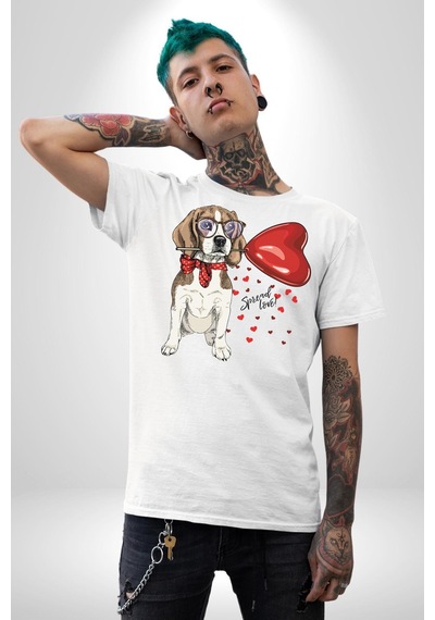 Poodle Ve Beagle Sevililer Günü Hediyesi Unisex Unisex Beyaz Organik Baskılı T-shirt Penye Yüksek Kalite Beyaz