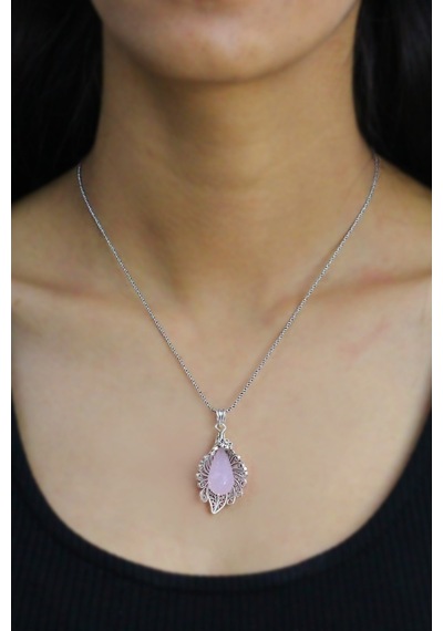Pembe Kuvars Taşlı Zambak Model Telkari Gümüş Kolye (506089279)