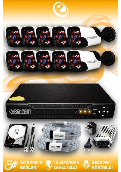 Elitcam 10 Kameralı Panda 10 Dış Kamera Set 500 GB HDD Full HD Gece Görüşlü Güvenlik Kamerası Sistemi