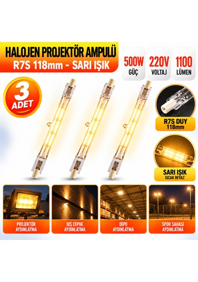 Halojen Projektör Ampulü 500w 220v R7s 118mm Sarı Işık 1100 Lümen 3 Adet