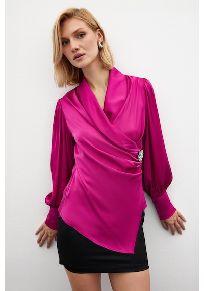 Sateen Broşlu Kruvaze Bluz - Fuşya