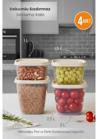 Krem 4'lü Vakumlu Sızdırmaz Kapaklı Saklama Kabı Erzak Düzenleyici Set 1l, 1,5l, 2l, 2,5l Krem
