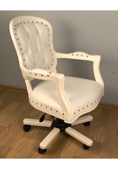 Masifart_Mobilya Masifart Ahşap Klasik Ofis Çalışma Koltuğu Beyaz Makam Koltuğu