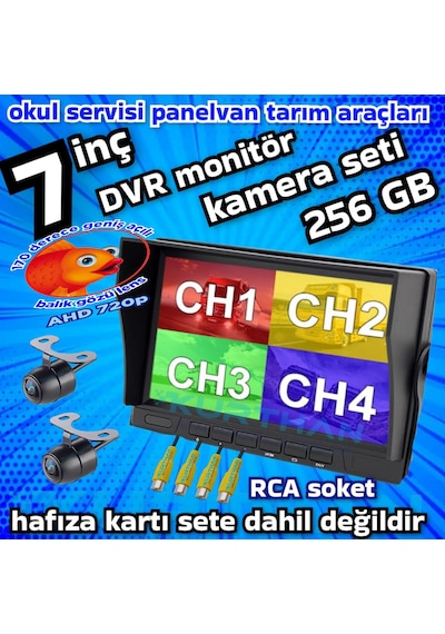 2 Adet Ledsiz Ahd 720p 170'' Balık Gözü Lens Kelebek Kamera 256 Gb 7 İnç Hybrid Dvr Monitör 12 Volt