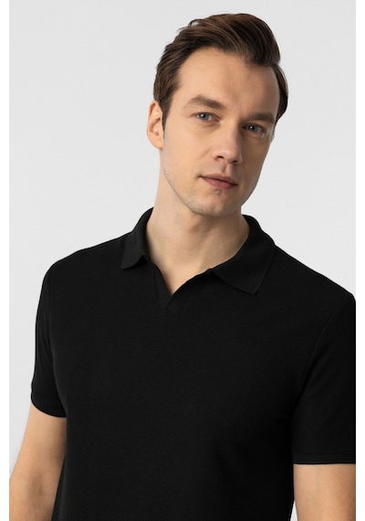 Süvari Regular Waffle Kumaş V Patlı Polo Yaka Nefes Alabilen T-shirt Siyah