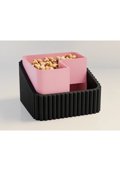 3d Baskı Fıstık Kasesi - Çift Hazneli Kabuk Ayırıcı Sunum Kasesi - Siyah Pembe