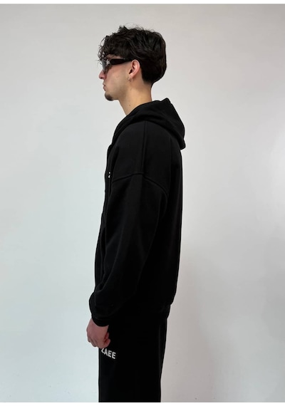 Zaee İnce Kumaş Nakışlı Oversize Premium Zip Hoodie siyah