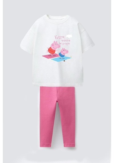 Monila Kız Çocuk Pamuklu Baskılı T-shirt Ve Fitilli Tayt 2'li Takım Ekru