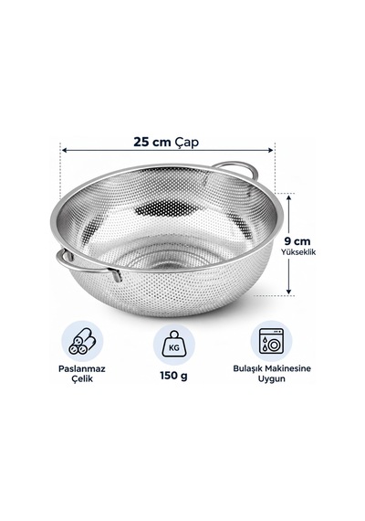 Premium Paslanmaz Çelik Küçük Mutfak Süzgeci, Çift Kulplu Metal Pirinç Yıkama Kabı, Isıya Dayanıklı Delikli Meyve Ve Sebze Süzme Kasesi 25 Cm