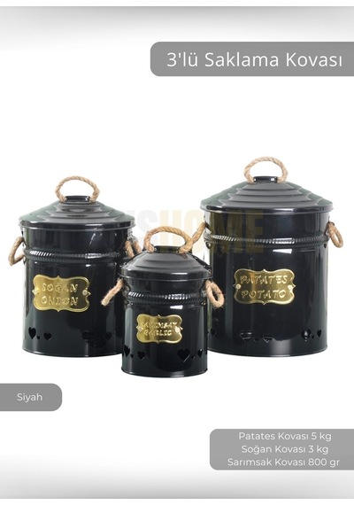 3'lü Set Sebzelik Metal Patates Soğan Sepeti Sarımsak Kovası Şık Organizer Siyah Siyah