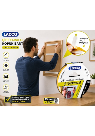 Lacco Çift Taraflı Köpük Bant 15 Mm X 25 M Güçlü Yapışkanlı Montaj Bandı Çok Amaçlı Beyaz 1 Adet