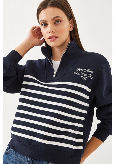 Shade Kadın Yarım Fermuarlı Çizgili Sweatshirt 60351005 - Lacivert