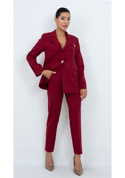 Dorne Moda Kadın Gold Düğmeli Şık Blazer Ceket Pantolon İkili Takım - Düğün - Ofis Şıklığı - Özel Gün Takım Elbise Bordo