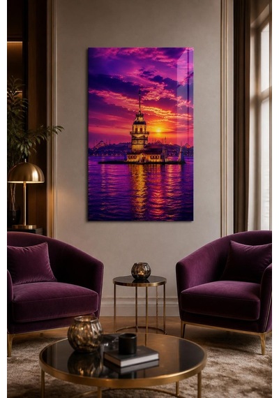 Kız Kulesi Gün Batımı Baskılı Cam Tablo İstanbul Manzaralı Uv Baskı Duvar Tablosu