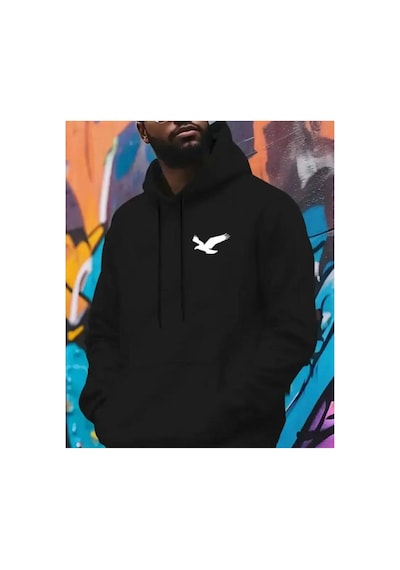 Herkesemoda Göğüs Baskı Detaylı İçi Polarlı Kapüşonlu Sweatshirt Siyah