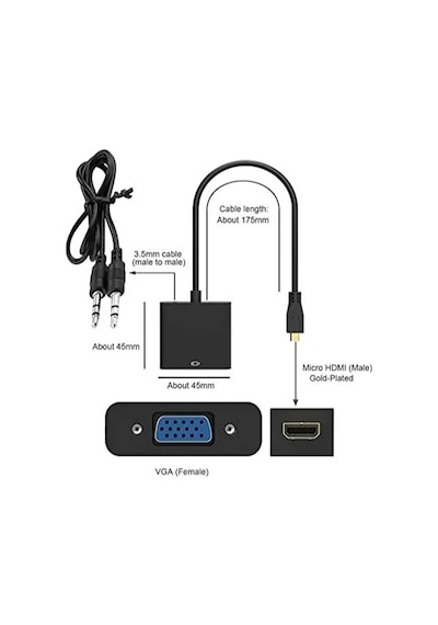 Micro Hdmi To Vga Kablo Çevirici Dönüştürücü Adaptör Ses Destekli