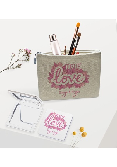 Bk Gift Kişiye Özel Keten Makyaj Çantası Ve Ayna Seti, Sevgiliye Hediye, Sevgililer Günü Hediyesi, Doğum Günü Hediyesi-9