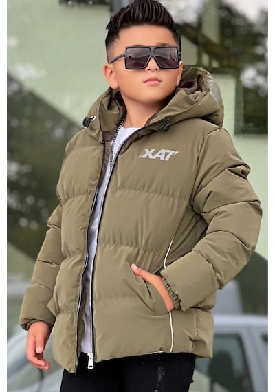 Pina Kids Erkek Çocuk Kapüşonlu Baskılı Reflöktör Detaylı Nova Kumaş Kışlık Şişme Mont Km4017 Haki