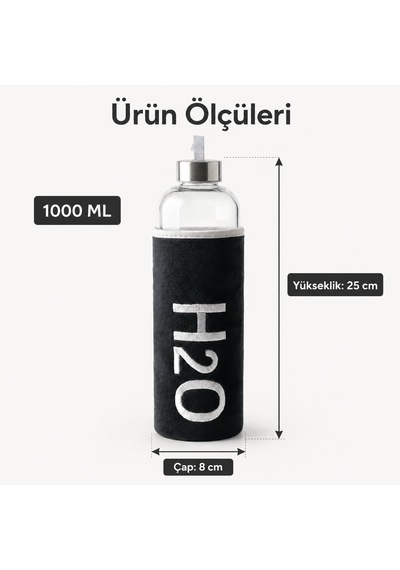 Deconox Peluş Kılıflı Cam Matara 1000 Ml, Siyah H2o Nakışlı Kılıf, Taşıma Askılı Metal Görünüml Şeffaf